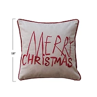Hello Honey® 18" x 18" Square Natural & Red Merry Christmas Cotton Printed Pillow with Embroidery, Corduroy Back & Piping