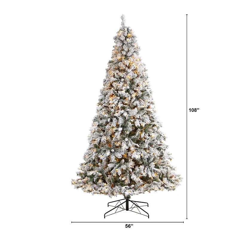 9ft. Pre-Lit Flocked White River Mountain Pine Artificial Christmas Tree, Clear LED Lights