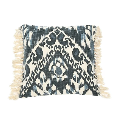 Hello Honey® Blue Stonewashed Ikat Pattern Woven Cotton Blend Pillow with Fringe