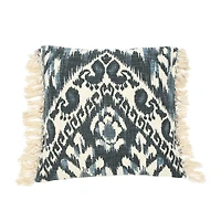 Hello Honey® Blue Stonewashed Ikat Pattern Woven Cotton Blend Pillow with Fringe