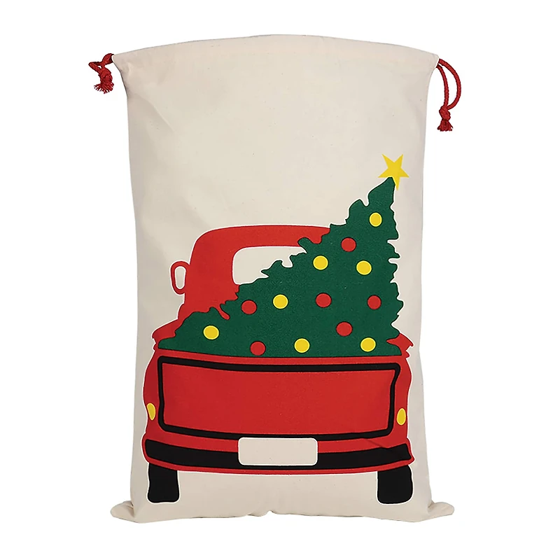 Personality Case™ 19" x 26" Red Truck Tree Cotton Christmas Drawstring Bag