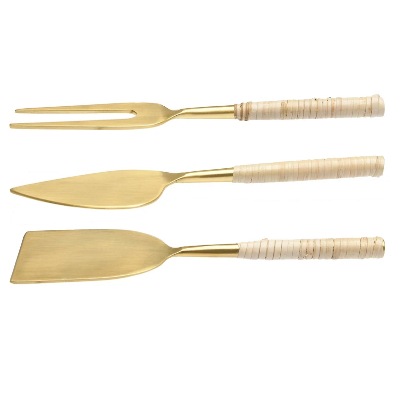 Hello Honey® Gold Stainless Steel Cheese Servers with Woven Rattan Handles Set