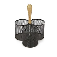 Mind Reader Network Collection Black 3-Compartment Utensil Caddy with Wooden Handle