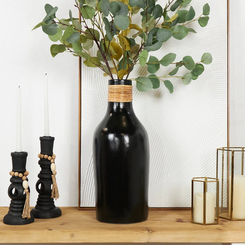 19" Black Ceramic Vase with Wrapped Rattan Detailing