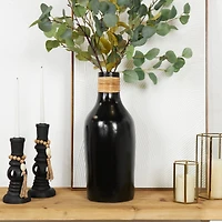 19" Black Ceramic Vase with Wrapped Rattan Detailing