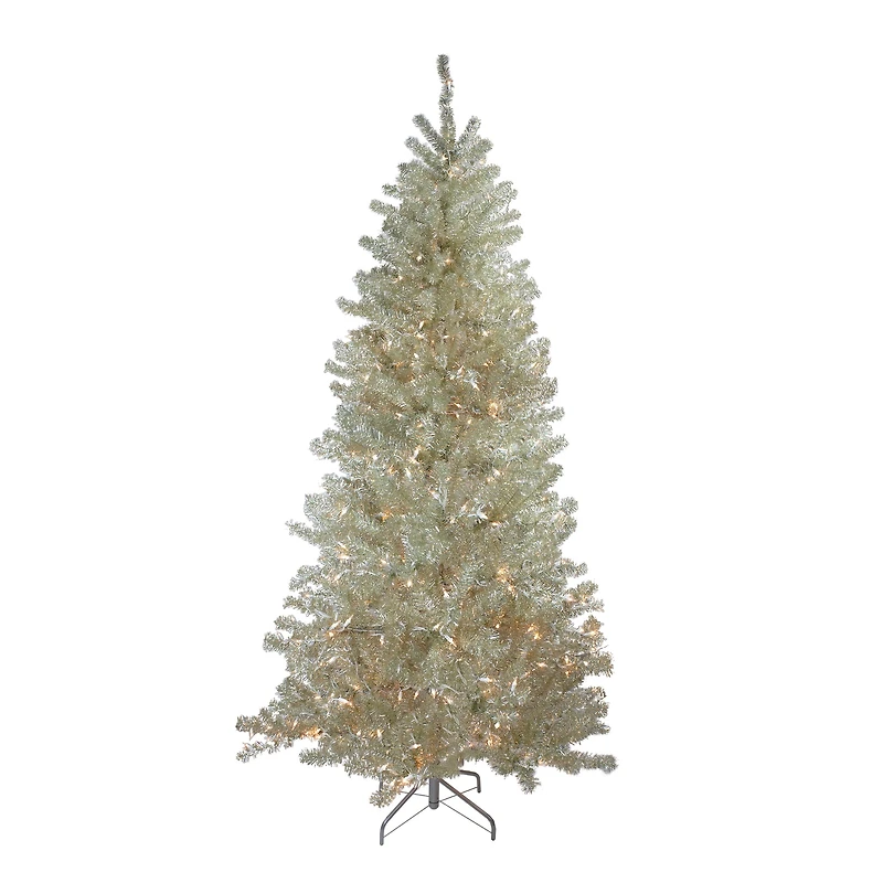 6ft. Pre-Lit Silver Champagne Tinsel Artificial Christmas Tree, Clear Lights