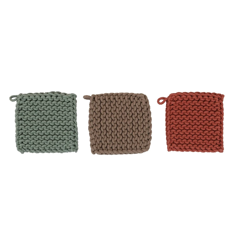 Hello Honey® 8" Blue, Red & Brown Square Crocheted Cotton Pot Holder Set