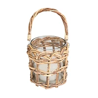 8" Clear Glass Handmade Candle Lantern with Brown Rattan Woven Exterior & Twisted Handle