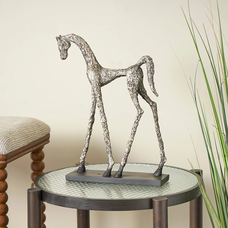 16.5" Bronze Polystone Horse Textured Slim Frame Sculpture with Silver Accents