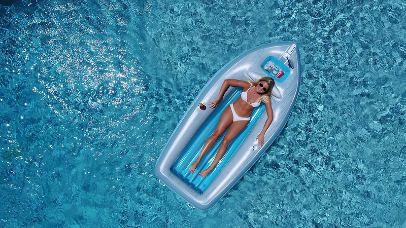 9ft. Inflatable Gray & Blue Classic Boat Cruiser Pool Float with Cooler