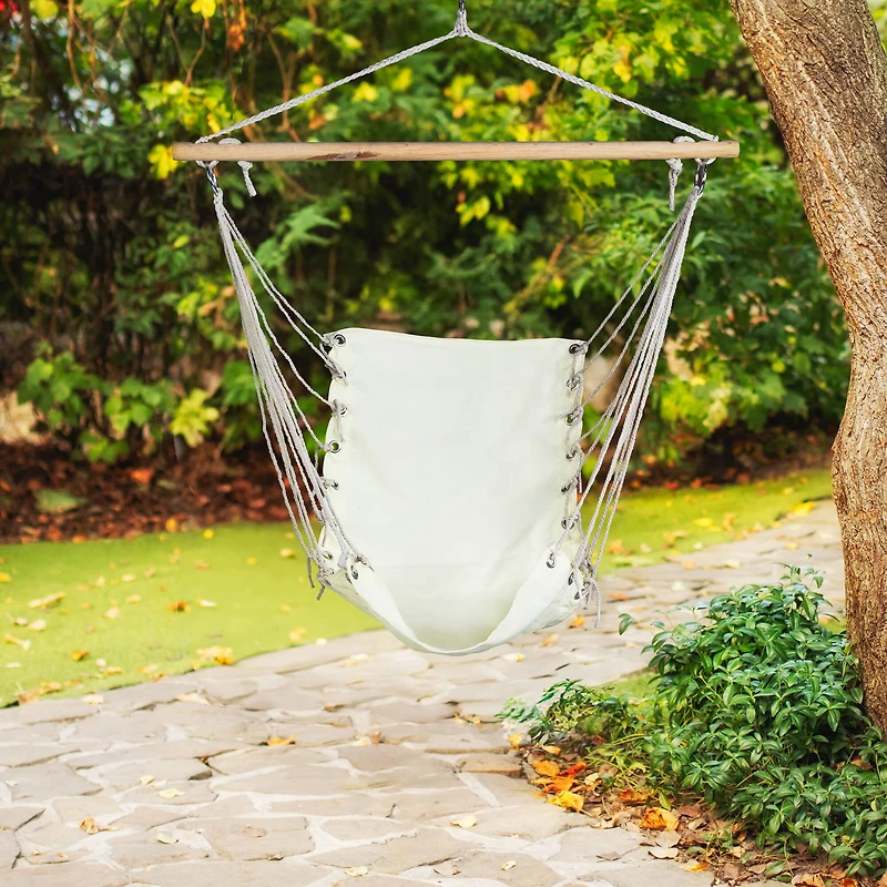 37.25" x 33" Cream Hammock Chair with Wooden Bar