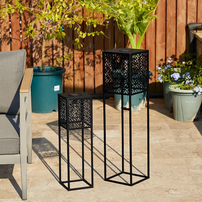 Glitzhome® Black Metal Cutout Pattern Solar Powered Outdoor Floor Lanterns Set