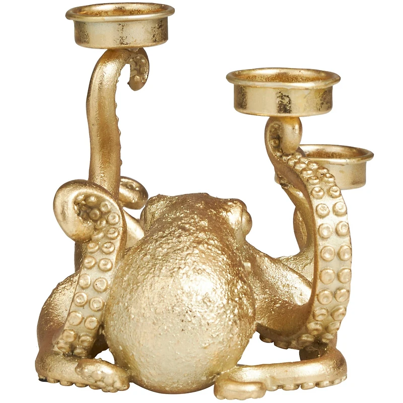 11" Gold Polystone Textured Octopus Candelabra with Tentacle Candle Slots