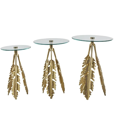 Gold Aluminum Metal Leaf Accent Table Set