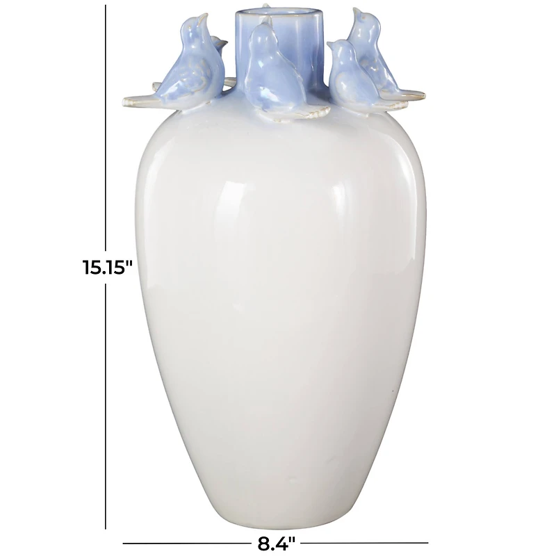 15" White with Blue Bird Accents Ceramic Decorative Vase