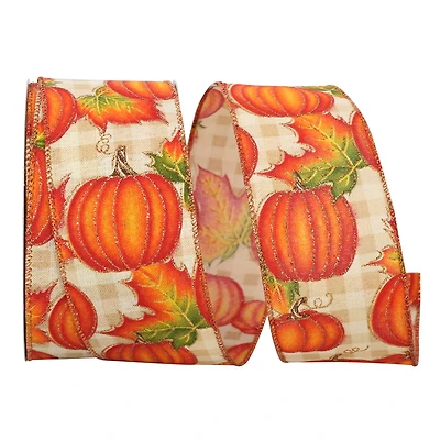 Reliant 2.5" x 20yd. Wired Natural Pumpkin Gingham Check Sparkle Ribbon