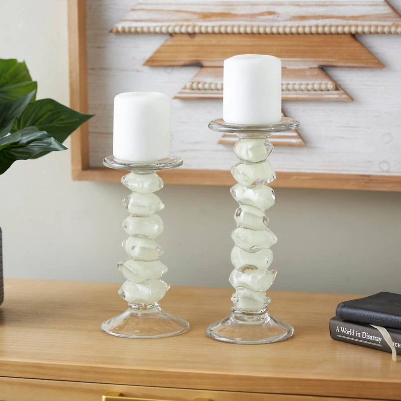 Green Glass Stacked Stone Candle Holder Set