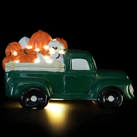 9.5" LED Lighted Green Ceramic Truck Hauling Pumpkins Autumn Harvest Decoration