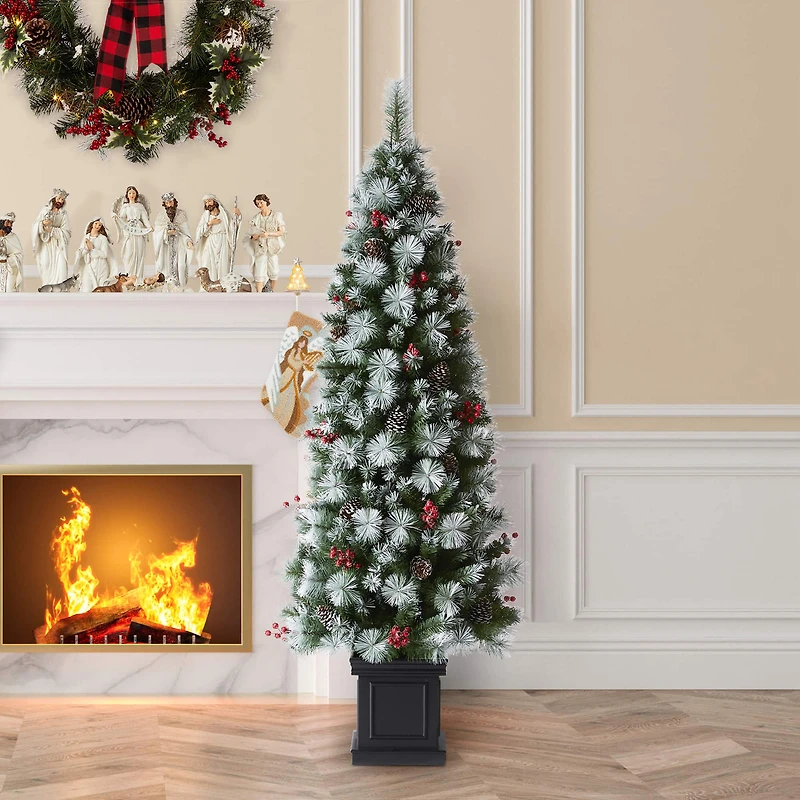 6ft. Pre-Lit Greenery Pinecones & Red Berries Artificial Christmas Porch Tree, Warm White LED Lights