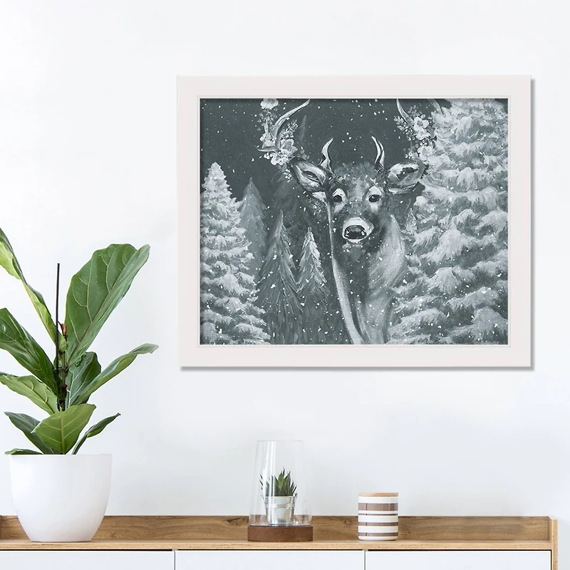 Neutral Painted Deer White Framed Canvas Wall Art