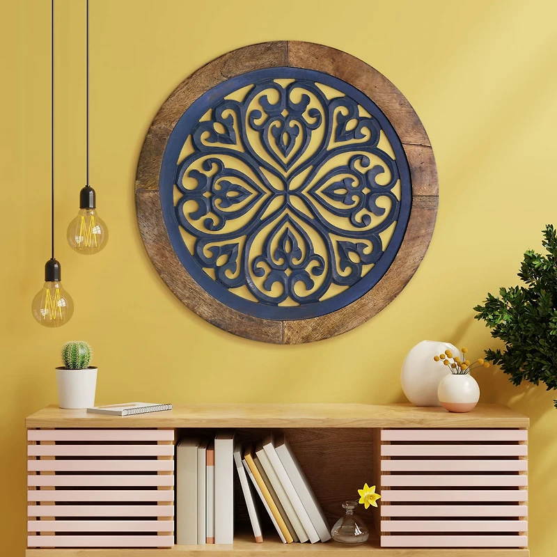 American Art Décor™ 16" Distressed Wood Framed Round Navy Blue Wall Accent Medallion Art