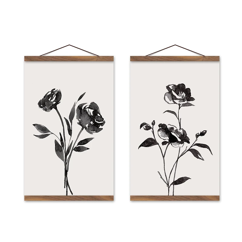 Inky Budded Roses 12" x 18" Teak Hanging Canvas - Set of 2