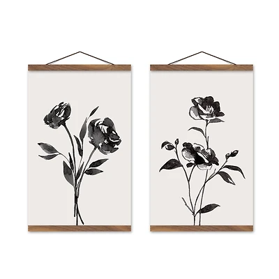 Inky Budded Roses 12" x 18" Teak Hanging Canvas -  Set of 2