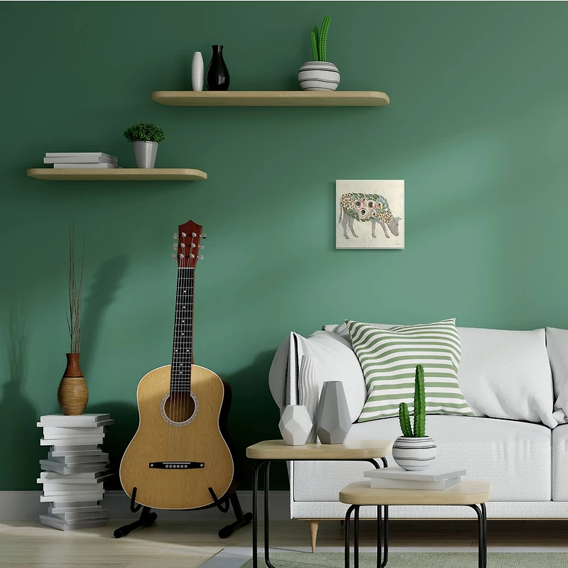 Stupell Industries Rustic Cow Pink Green Floral Body White Framed Wall Art