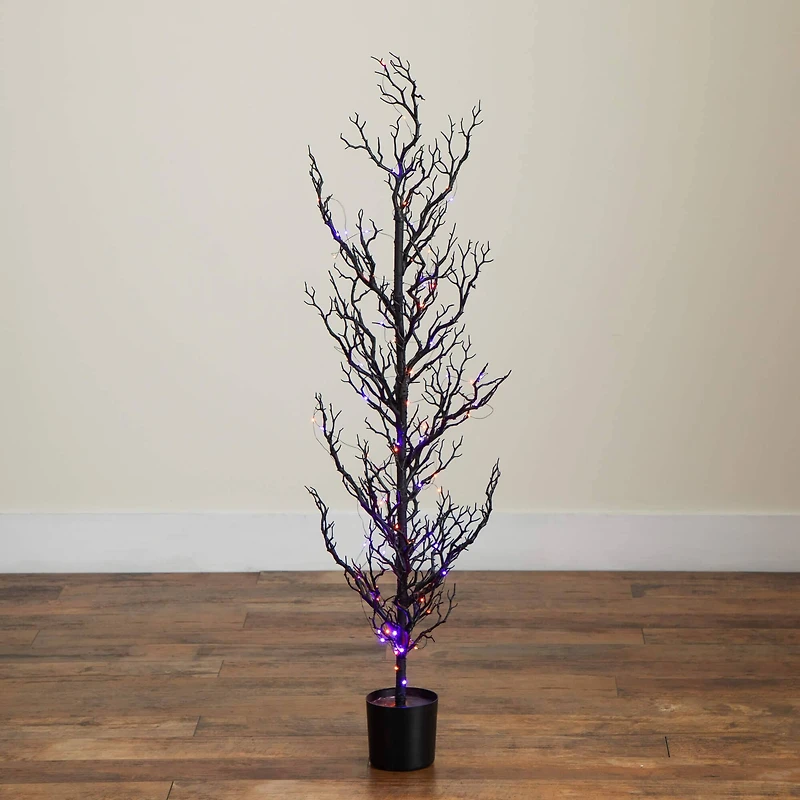 4ft. Pre-Lit Artificial Halloween Black Spooky Twig Tree with 160 Orange & Purple Copper Wire String LED Lights