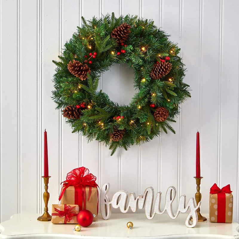 24" Clear LED Mixed Pine & Berries Christmas Wreath