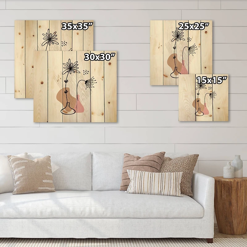 Designart - Abstract Flowers On Minimal Shapes III - Modern Print on Natural Pine Wood