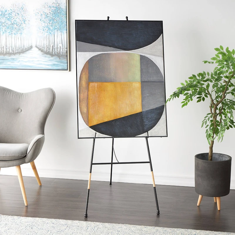 64" Black Metal Slim Foldable 2-Tier Easel with Wrapped Rattan Accents