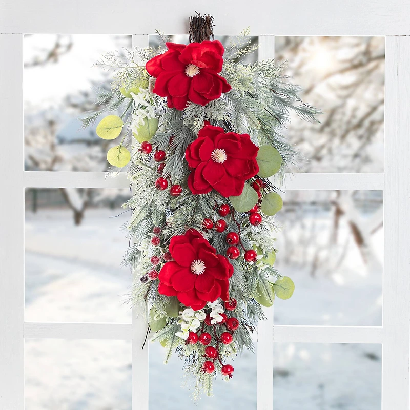 Glitzhome® 28"H Christmas Red Mangnolia & Berry Teardrop