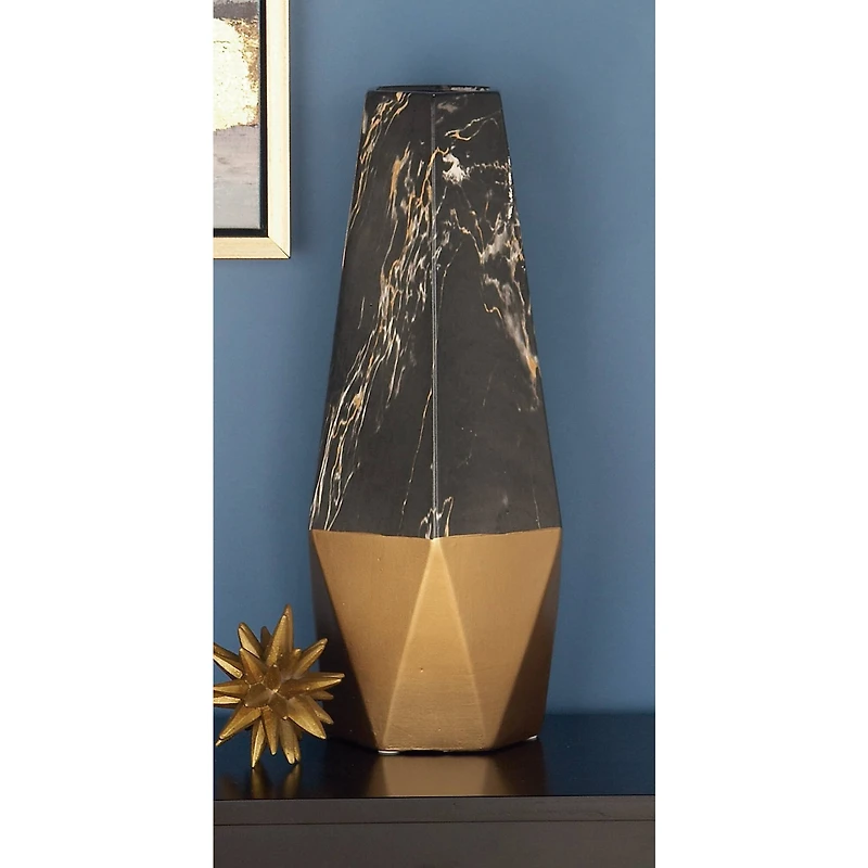 18" Dark Gray & Gold Stoneware Contemporary Vase