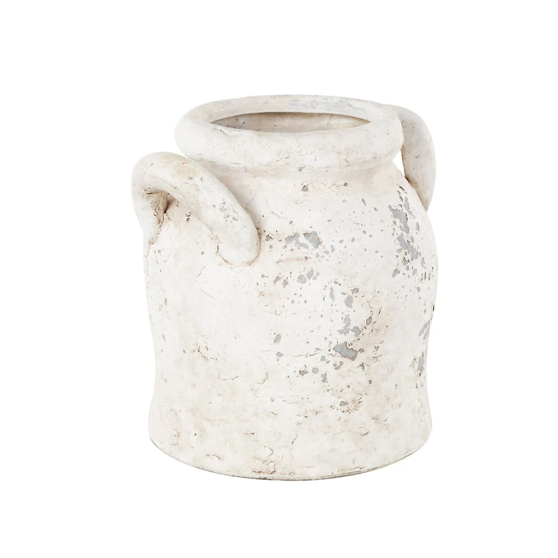 8.25" Cream Ceramic Antique Style Distressed Decorative Vase with Handles