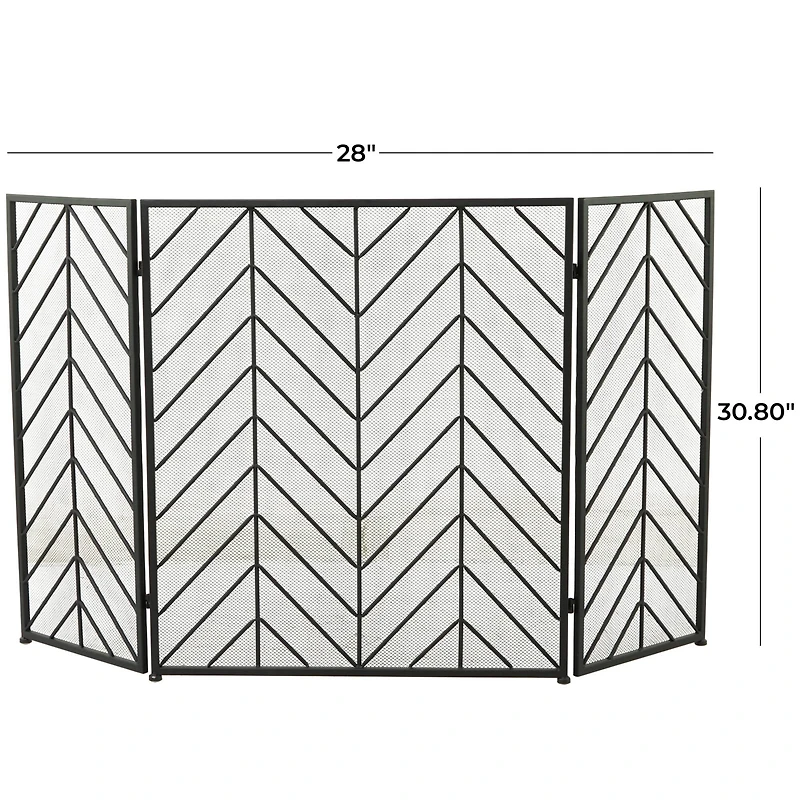 Black Metal Foldable Mesh Netting 3 Panel Geometric Fireplace Screen with Chevron Pattern 52" x 1" x 31"