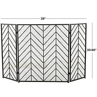 Black Metal Foldable Mesh Netting 3 Panel Geometric Fireplace Screen with Chevron Pattern 52" x 1" x 31"