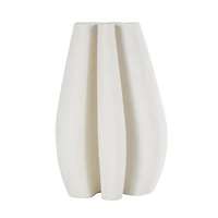 White Ceramic Abstract Ribbed Dimensional Concaved Vase with Floral Shaped Rim