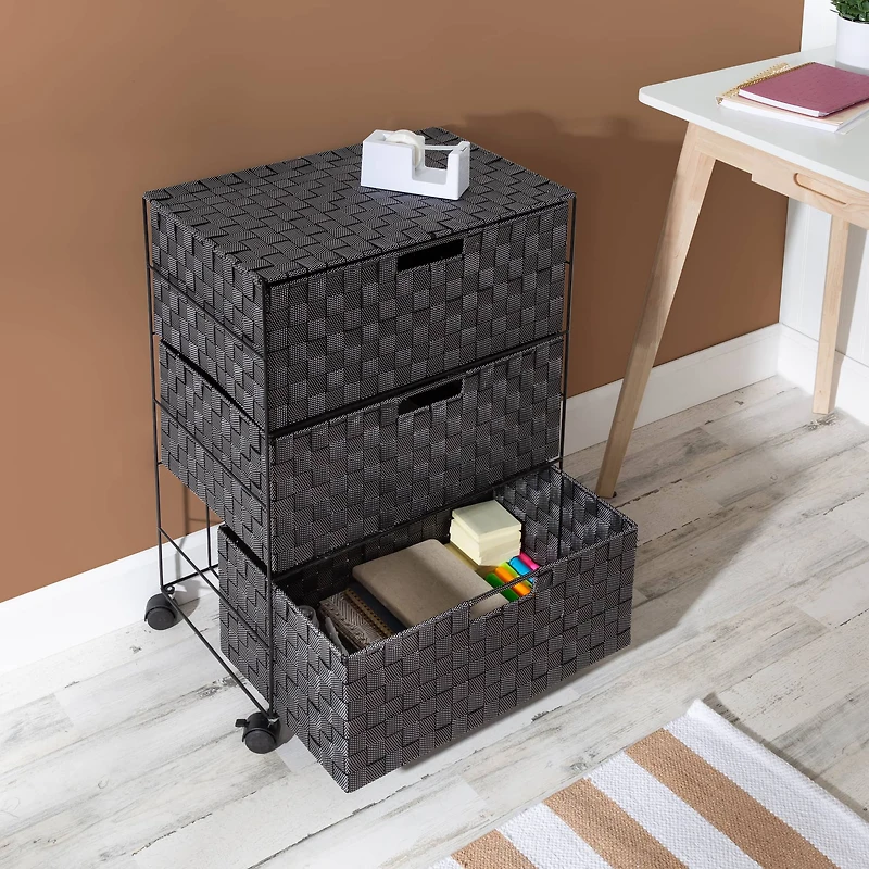 Honey Can Do 26" Black Three-Drawer Woven Home Office Organizer with Wheels