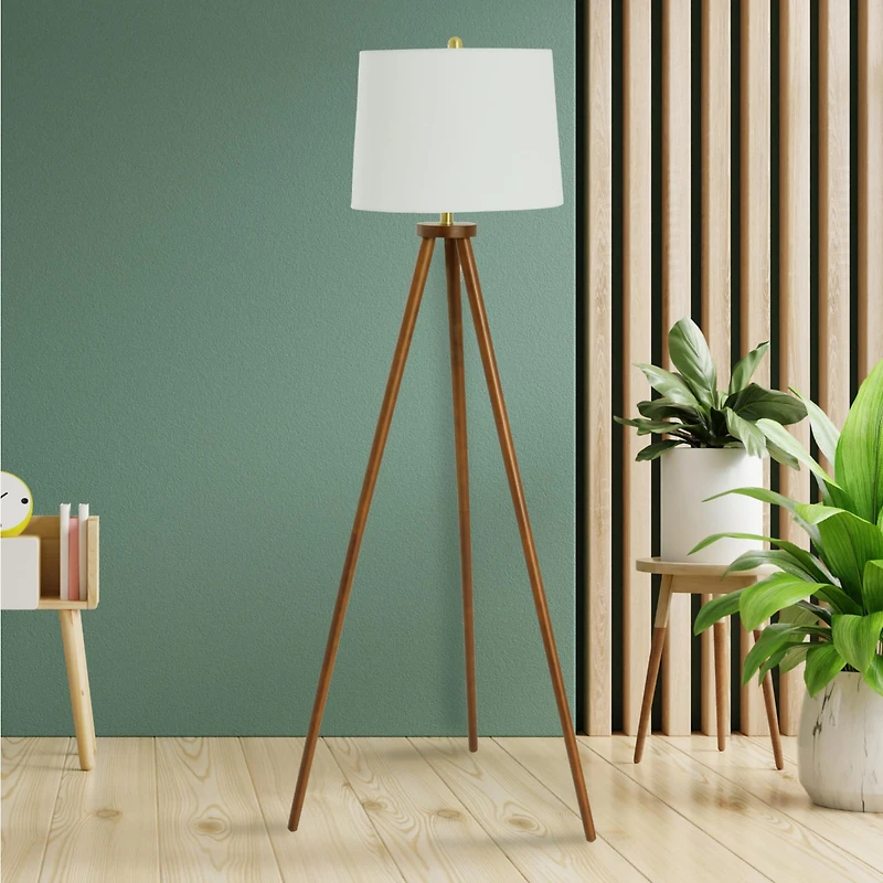 Hello Honey® Mid-Century Modern Tripod Wood Floor Lamp with Linen Shade
