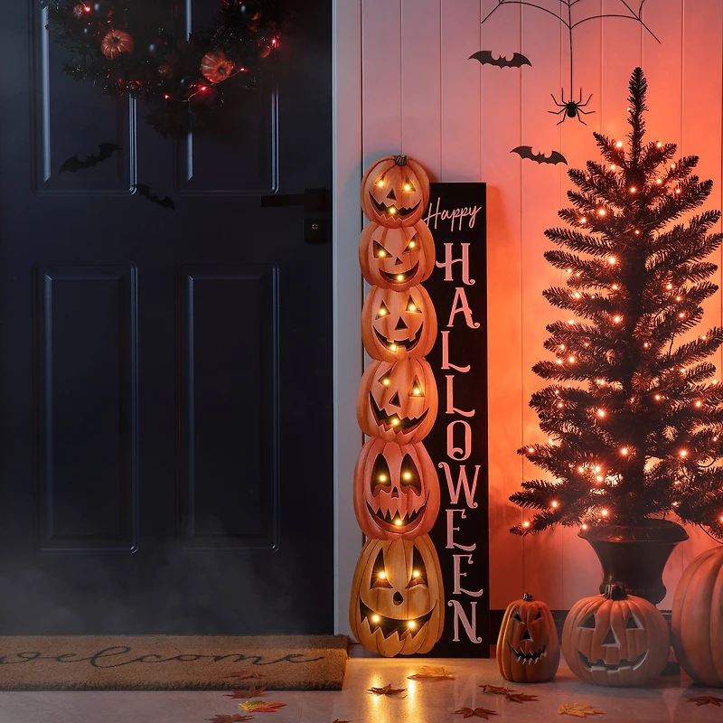 Glitzhome® 42" Lighted Halloween Wooden Stacked Pumpkins Porch Sign with Timer