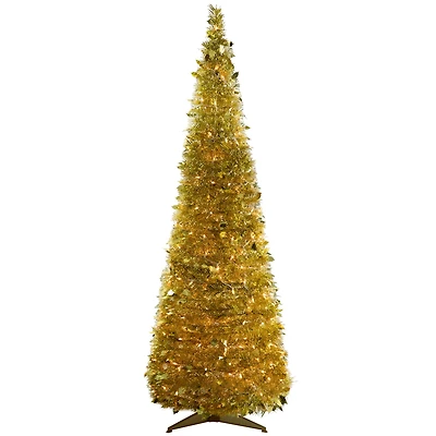 6ft. Pre-Lit Gold Tinsel Pop-Up Artificial Christmas Tree, Clear Lights