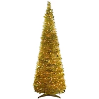 6ft. Pre-Lit Gold Tinsel Pop-Up Artificial Christmas Tree, Clear Lights