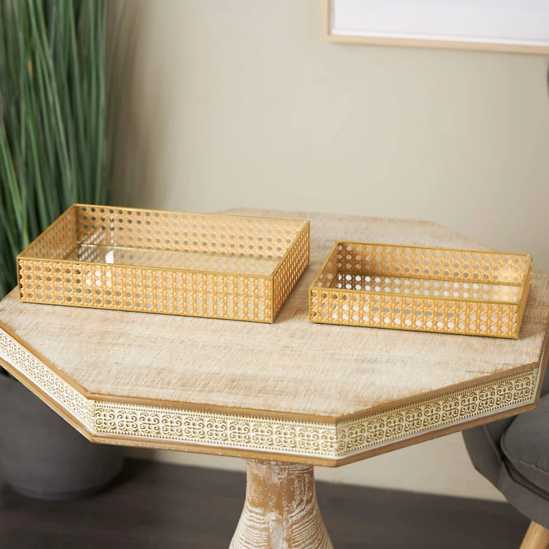 Brown Woven Rattan Tray Set with Mirrored Glass Interiors
