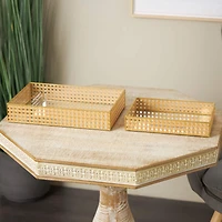 Brown Woven Rattan Tray Set with Mirrored Glass Interiors