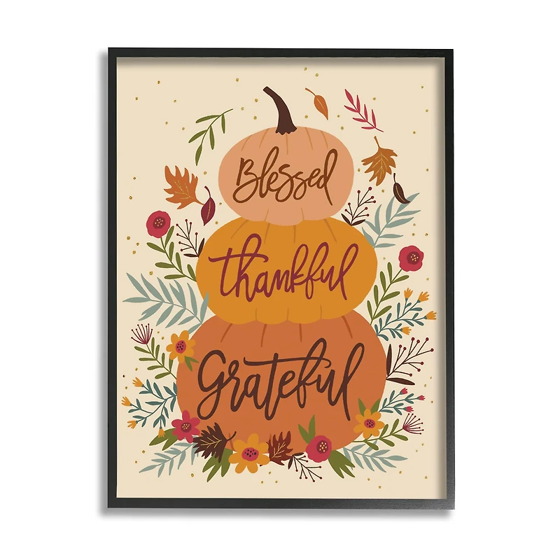 Stupell Industries Blessed Thankful Grateful Sentiments Stacked Orange Pumpkins in Frame Wall Art