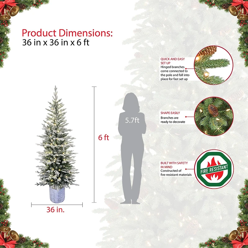 6ft. Pre-Lit Flocked Arctic Fir Pencil Artificial Christmas Tree, Warm White LED Lights