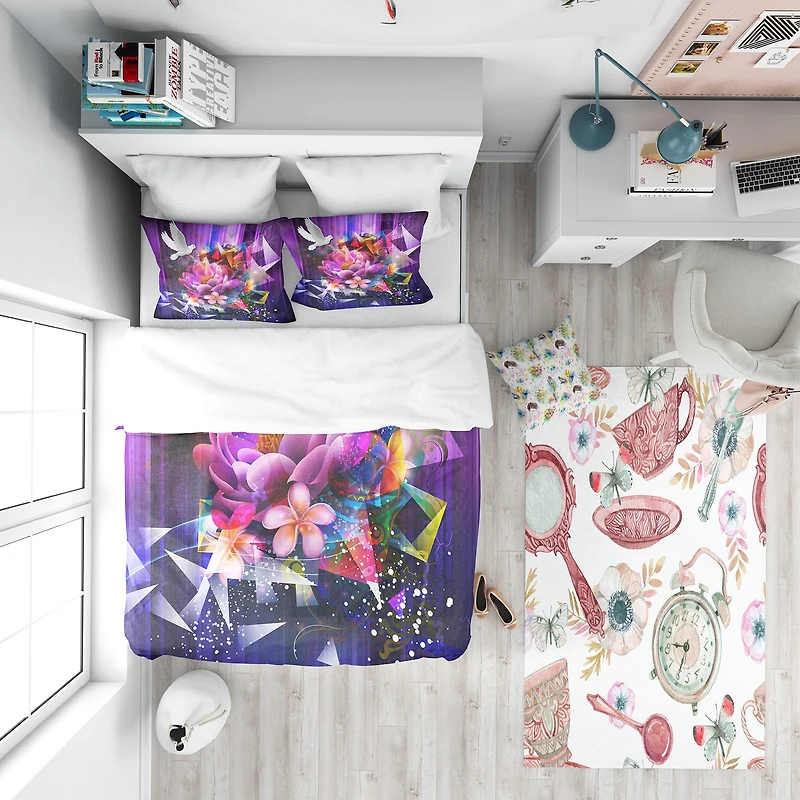 Designart 'Abstract Floral Design with Dove' Modern & Contemporary Bedding Set