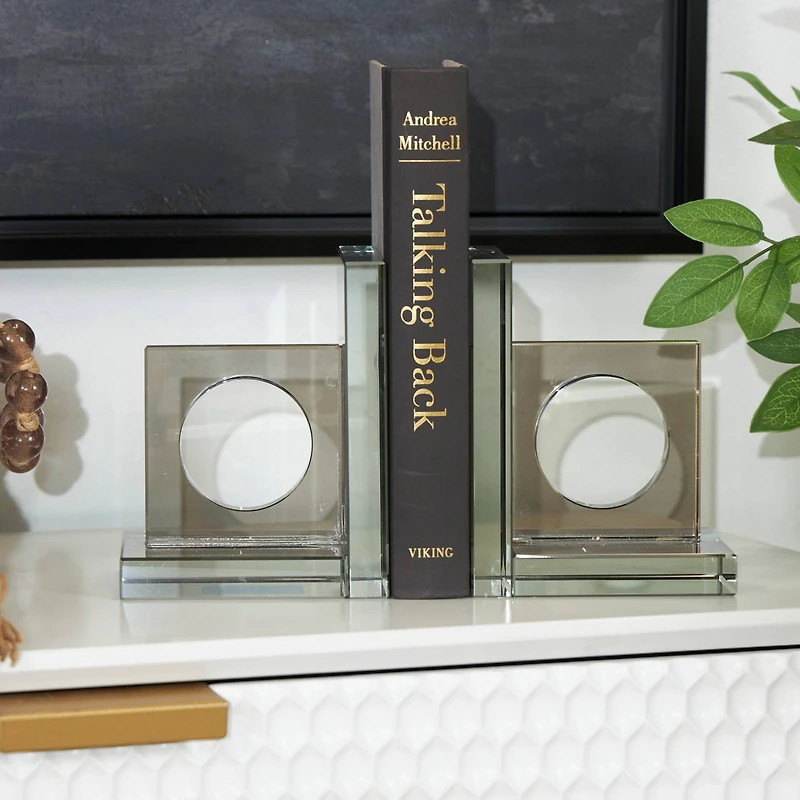 The Novogratz 6" Silver Crystal Geometric Square Bookends with Circle Cut Outs Set