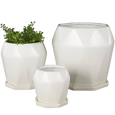 White Faceted Ceramic Planter Set